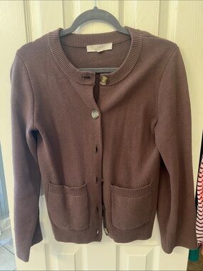 LOFT Women's Mauve-Brown Crewneck Button Cardigan
